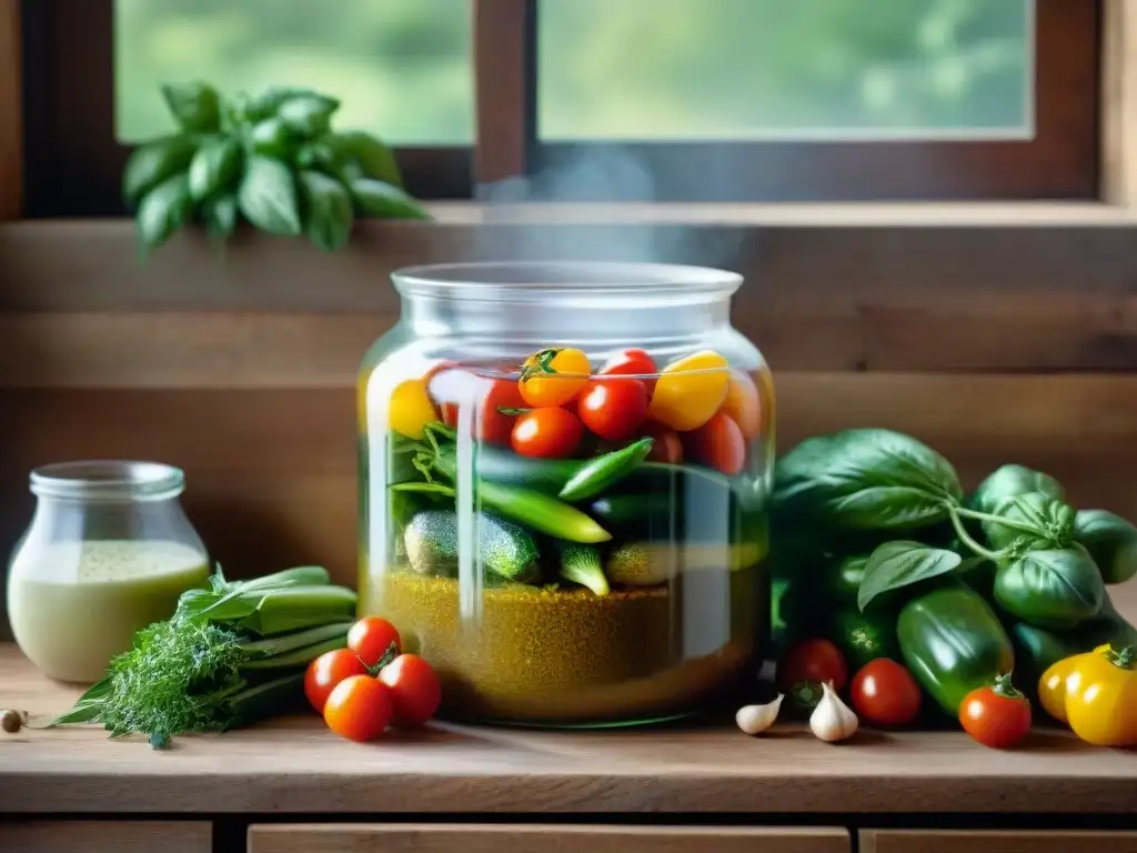 Fermentación de verduras estilo italiano: Detalle de cerámica con hortalizas coloridas en salmuera, sobre mesa de madera rústica