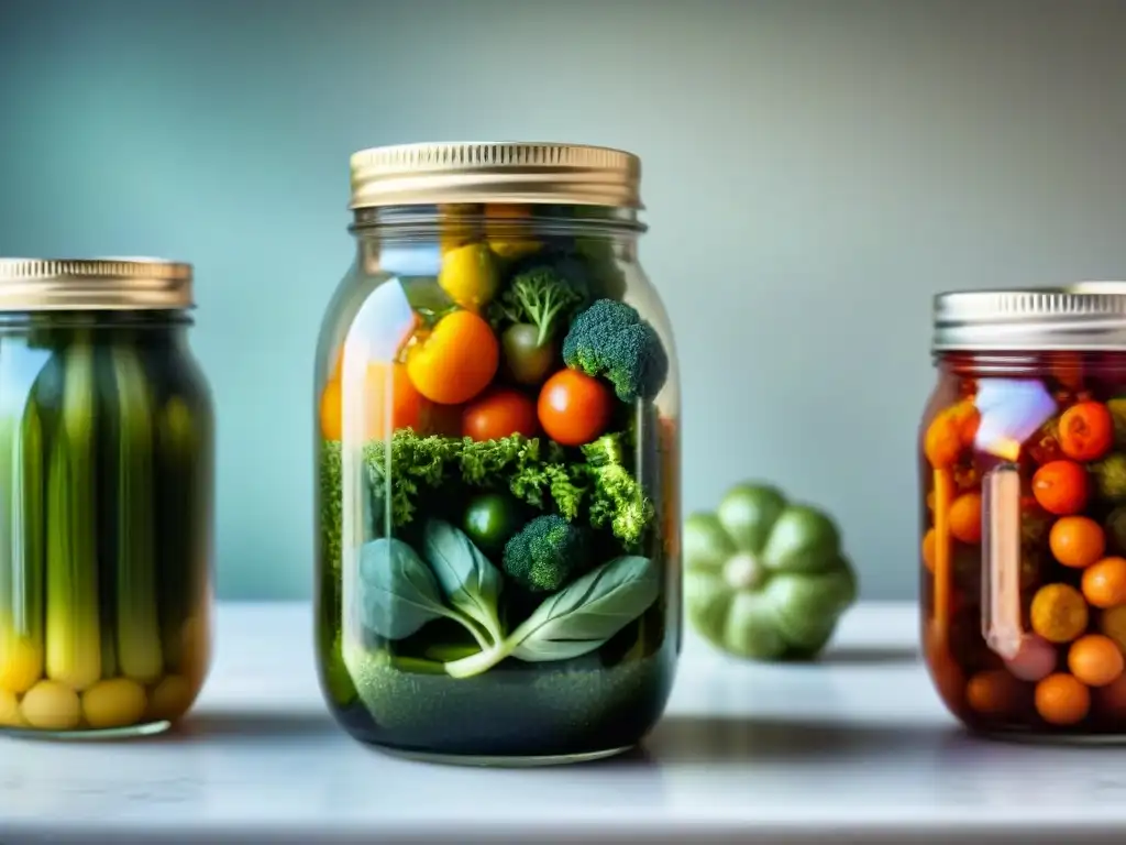 Fermentación de verduras estilo italiano: Mason jar con vegetales coloridos en salmuera burbujeante, detalle ultradetallado