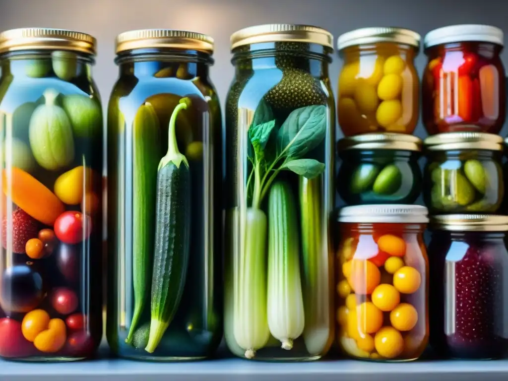 Fermentación de verduras estilo italiano en vibrantes tarros de vidrio con burbujas y brillo