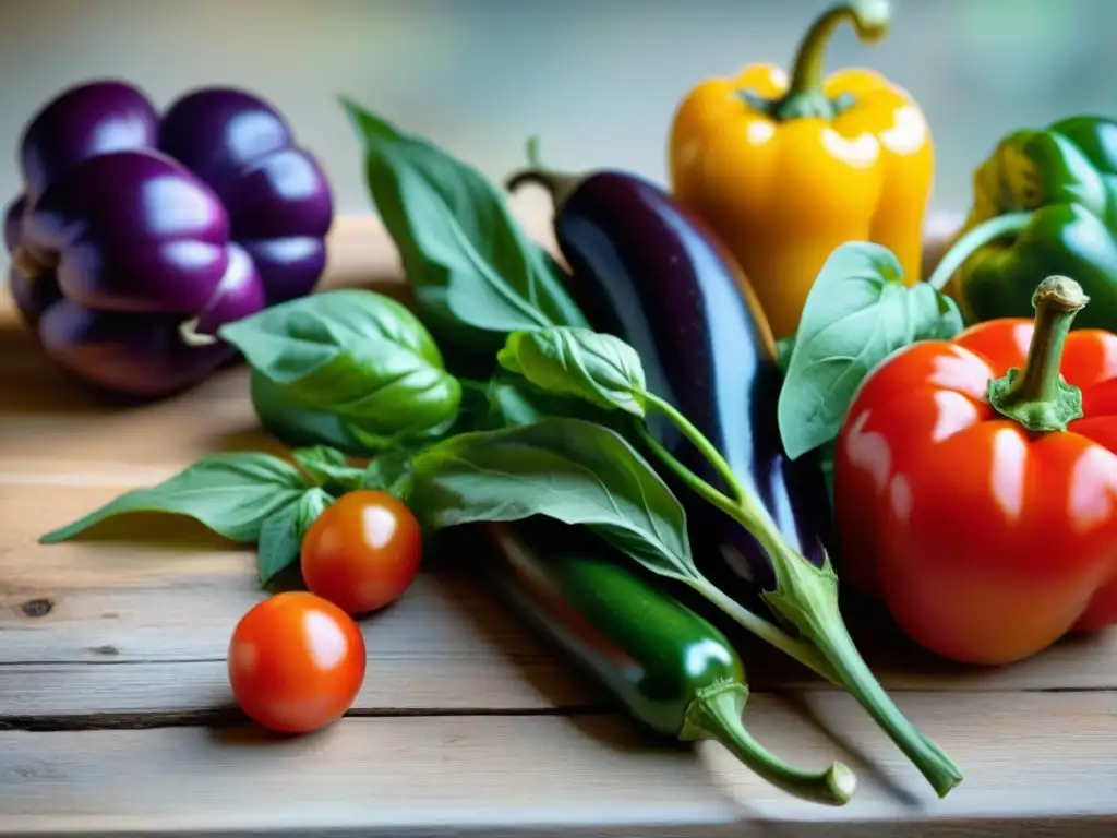 Verduras italianas para alimentación consciente: variedad fresca y colorida en mesa rústica al atardecer de verano