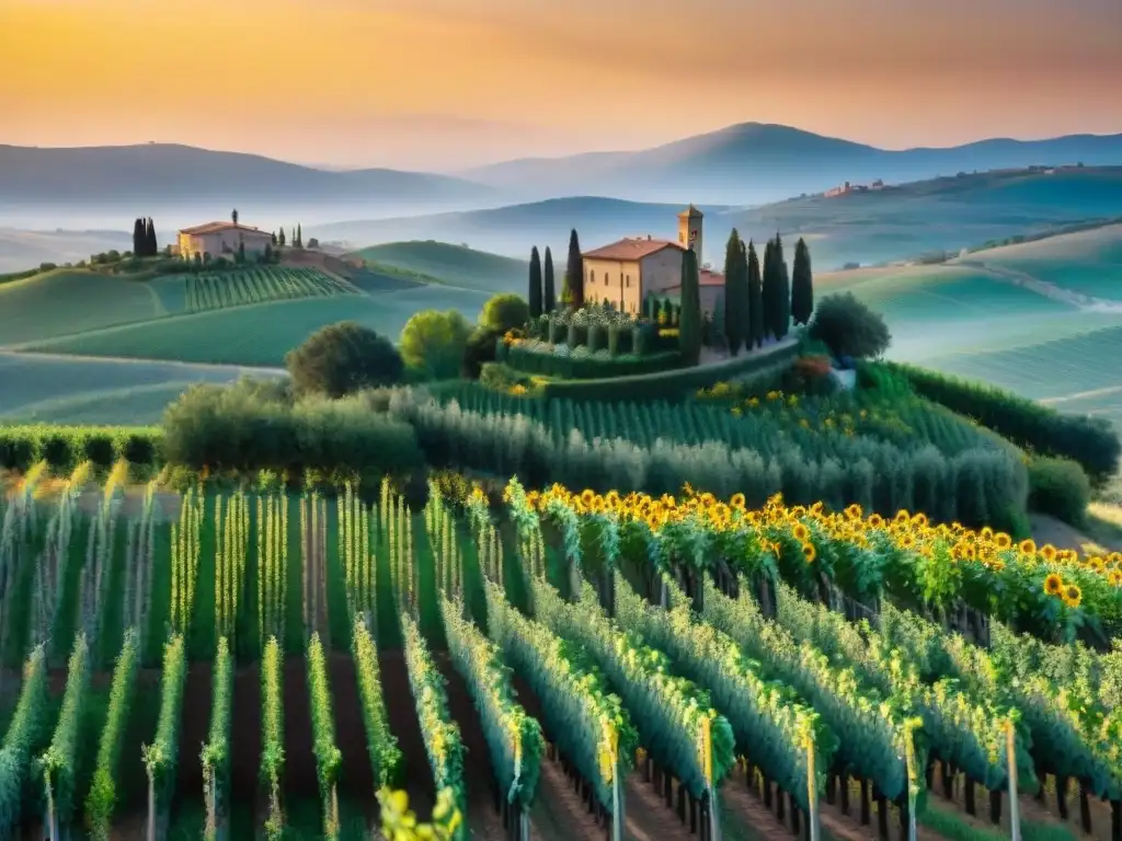 Viaje culinario por la campiña toscana al atardecer, viñedos, olivares, girasoles y granja rústica iluminados por cálida luz dorada