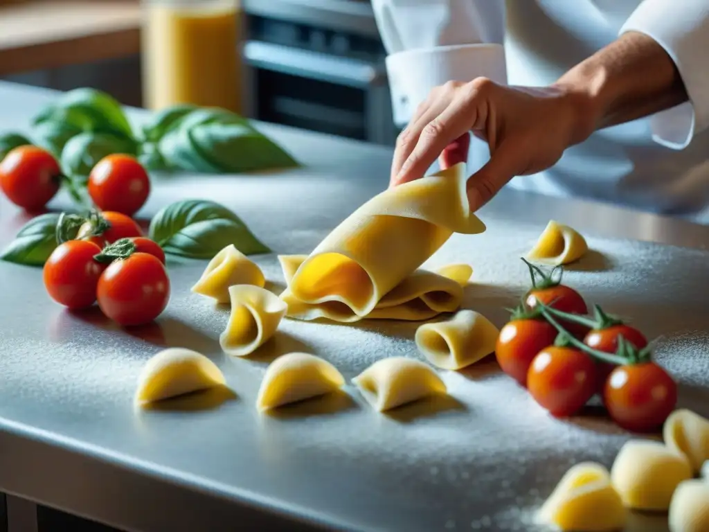 Viaje culinario: experto chef italiano moldea tortellini a mano con ingredientes frescos en cocina tradicional