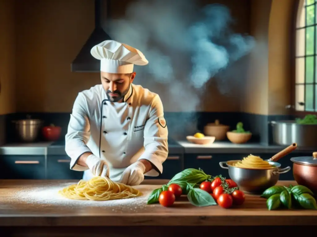 Viaje culinario: experto en cocina italiana moldeando pasta a mano en una cocina tradicional italiana