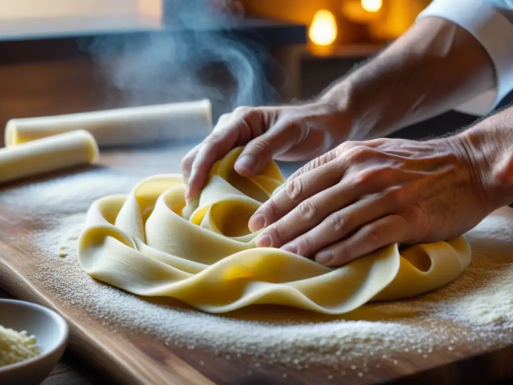 Viaje culinario: manos expertas de chef italiano elaborando pasta a mano en detalle artesanal