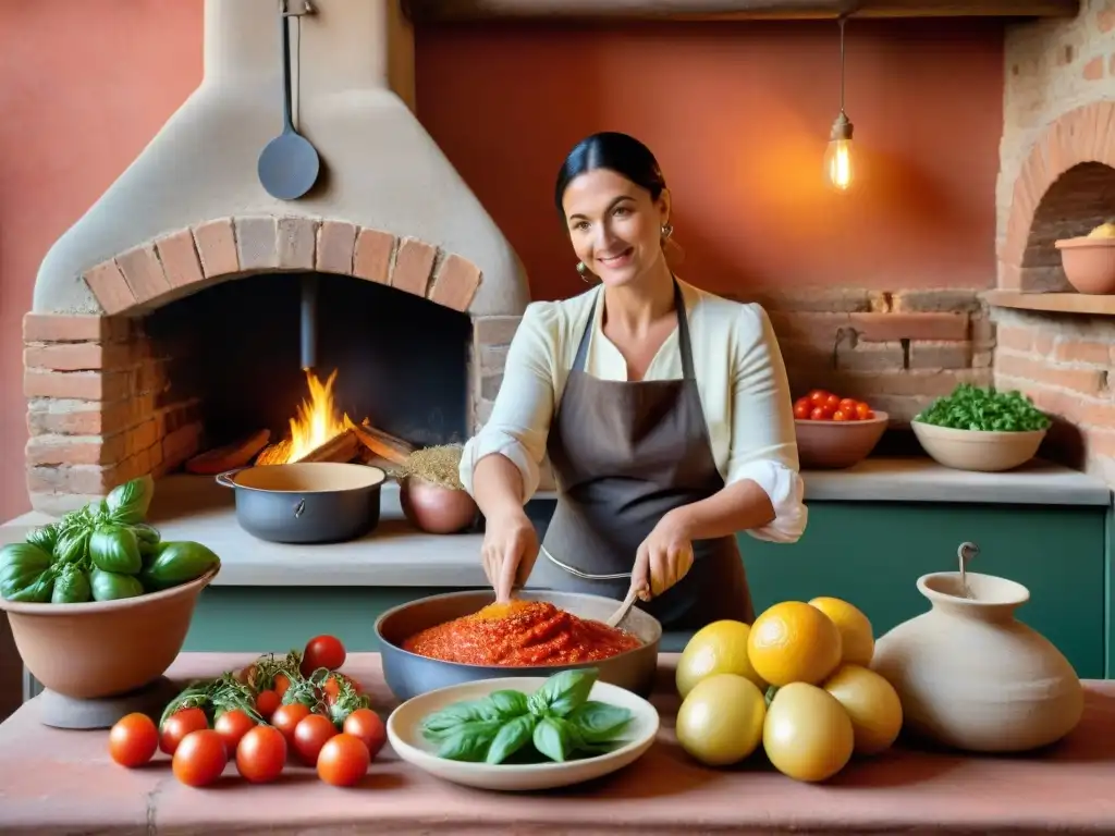 Viaje culinario por la Toscana: Una cocina toscana rústica con productos frescos y una nonna cocinando con amor