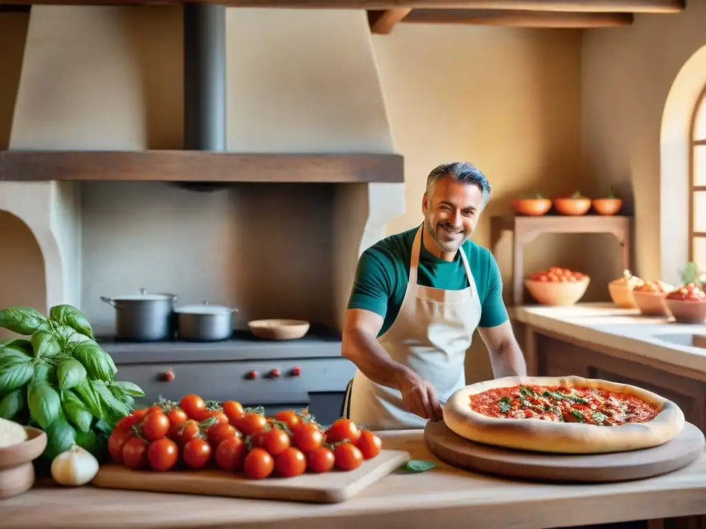 Un viaje culinario por la Toscana: una cocina rústica con productos frescos y un chef amable preparando pizza tradicional