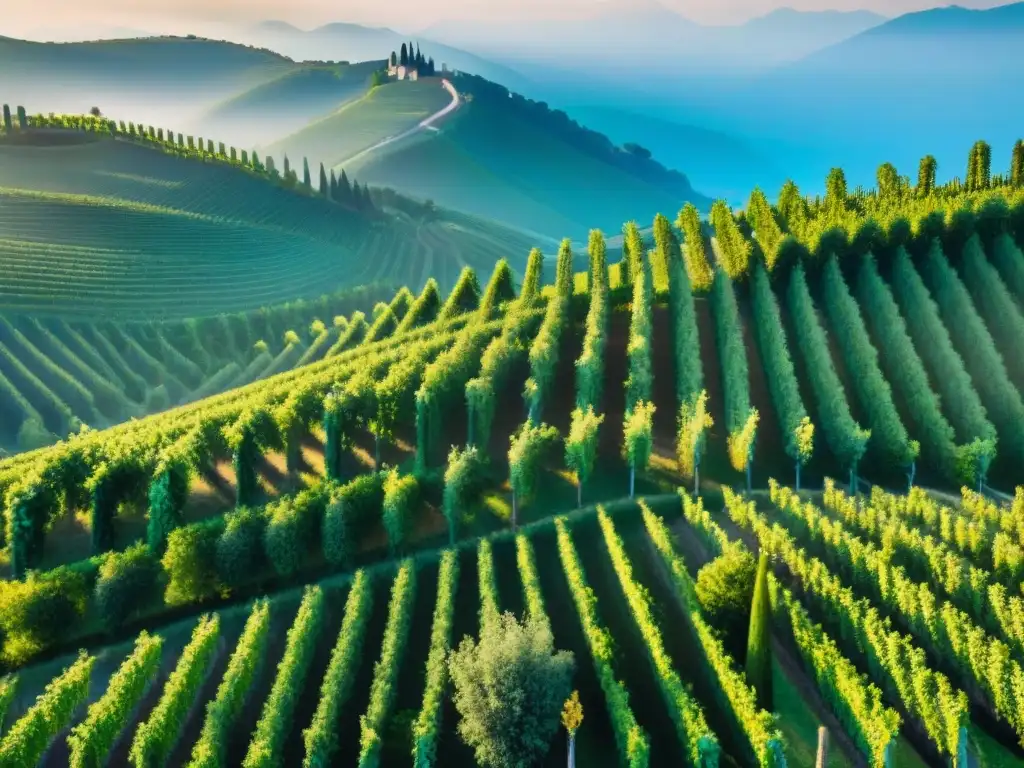 Un viaje exclusivo entre las bodegas de Prosecco: colinas verdes y viñedos bañados por la luz dorada en Italia