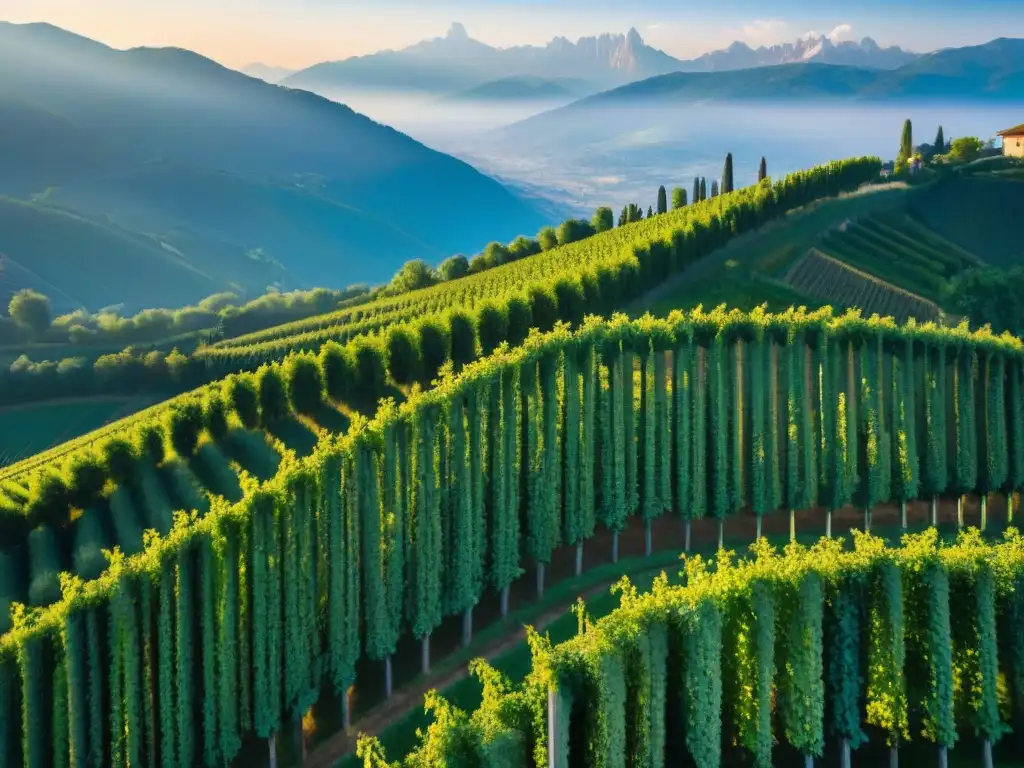 Un viaje exclusivo a las bodegas Prosecco en la pintoresca Italia, con viñedos verdes y majestuosos Alpes al fondo al atardecer