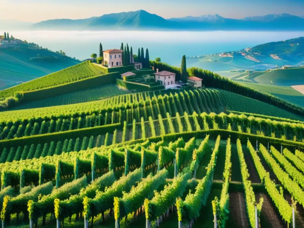 Viaje exclusivo a las bodegas de Prosecco: paisaje de colinas verdes y viñedos en Italia, con una villa tradicional italiana en primer plano