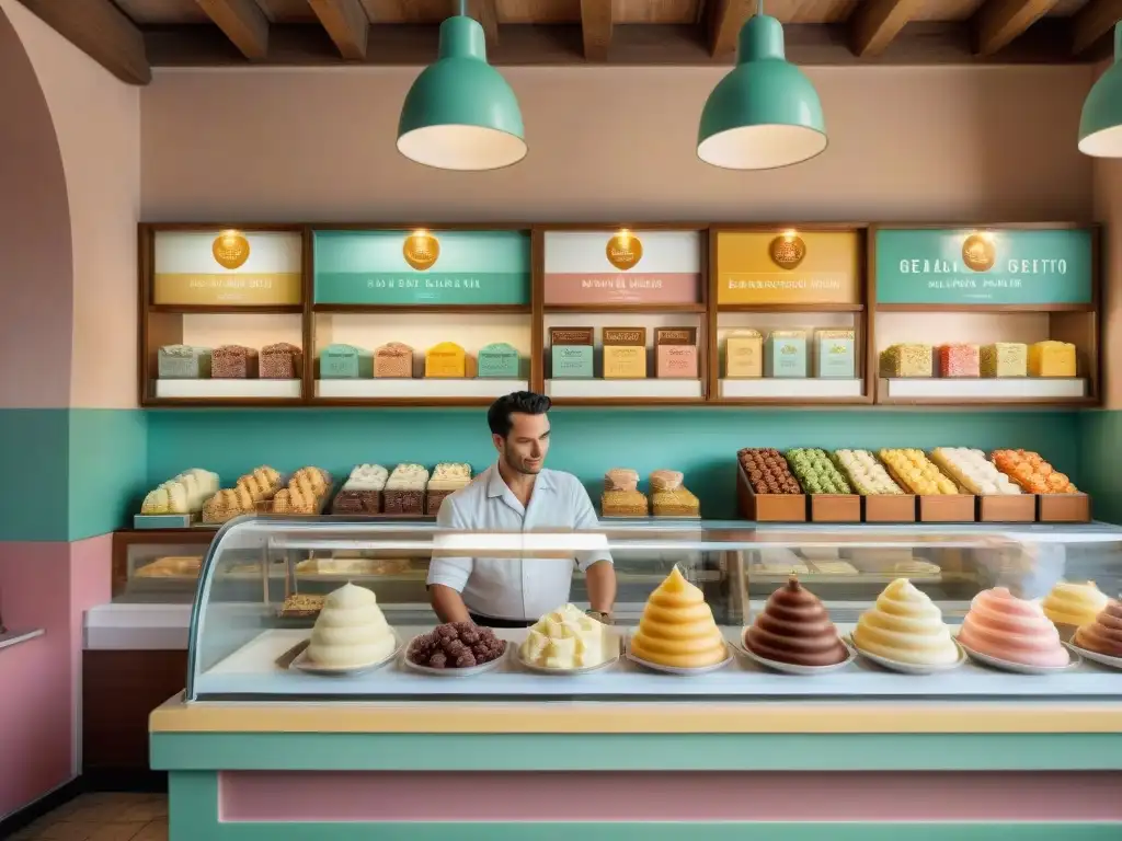 Vibrante heladería en Italia de los años 50, reflejando el origen y evolución del gelato, con un maestro gelataio creando obras maestras de gelato