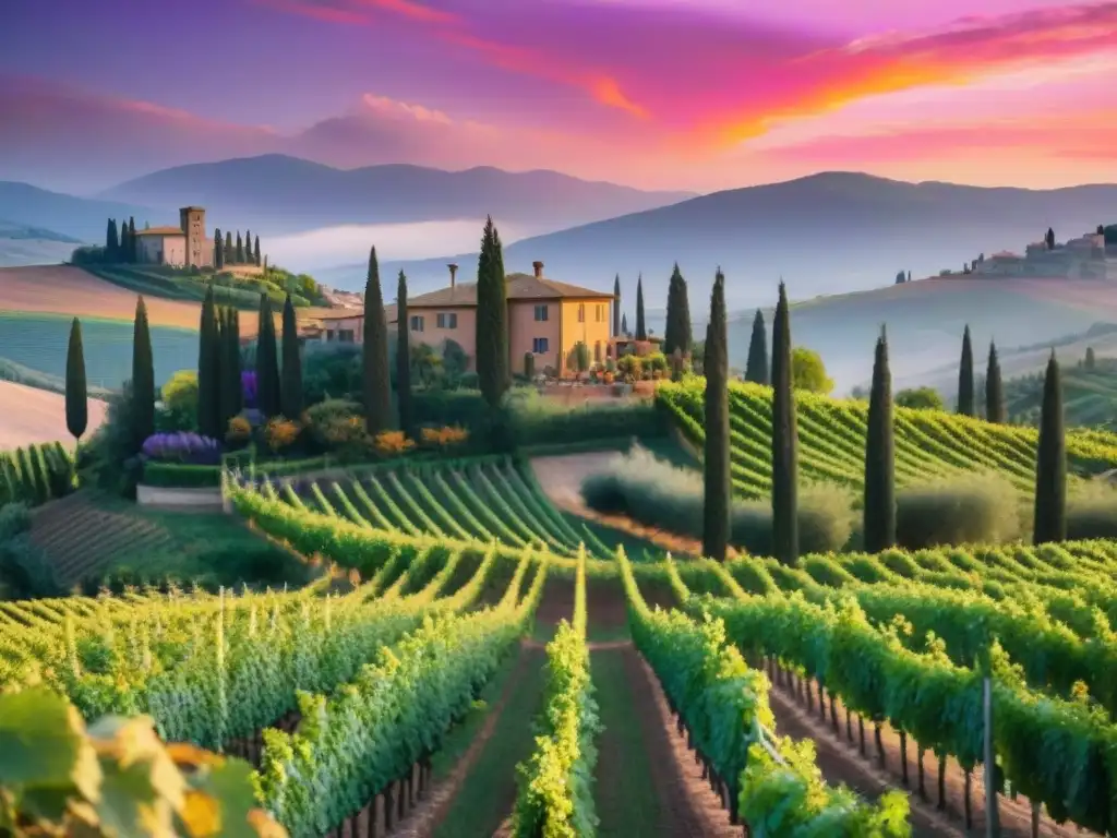 Un vibrante atardecer sobre viñedos en Toscana, Italia, con una festividad de pisado de uvas