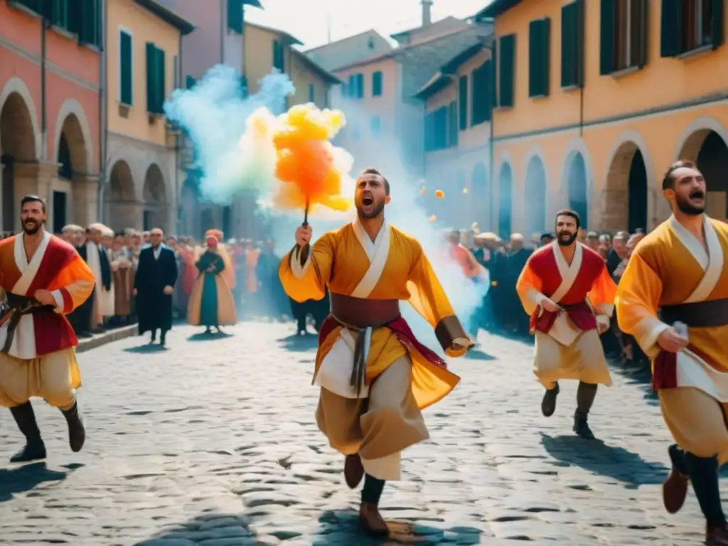 Vibrante Batalla de la Naranja en las calles empedradas de Ivrea, con participantes en acción y llenos de emoción