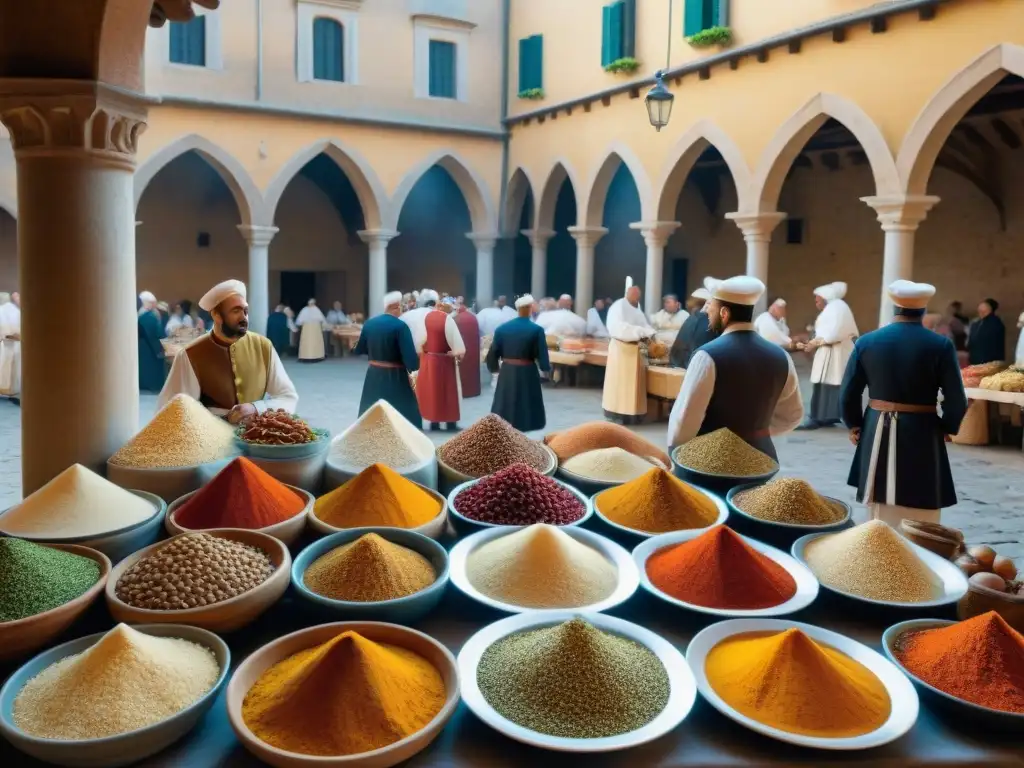 Vibrante ilustración de un bullicioso mercado medieval en Italia, fusionando influencias culinarias de las Cruzadas