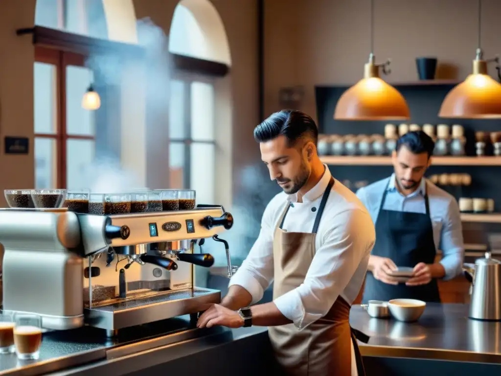 Vibrante café italiano al amanecer con baristas, máquinas de café y clientes