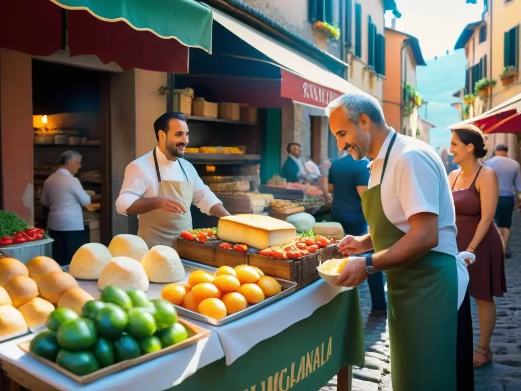 Vibrante calle en Umbria, Italia, con puestos de mercado llenos de productos frescos y Torta al Testo receta tradicional en carritos humeantes