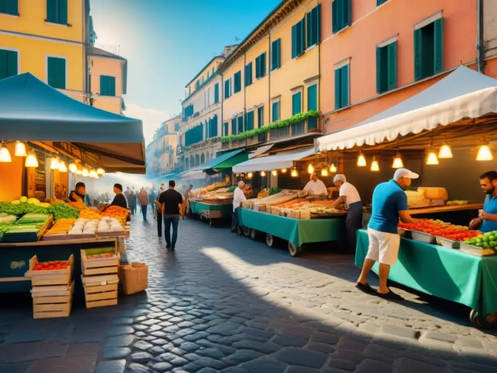 Vibrante calle en Nápoles, Italia, con puestos de mercado llenos de productos frescos y el aroma de sándwich mozzarella in carrozza en el aire