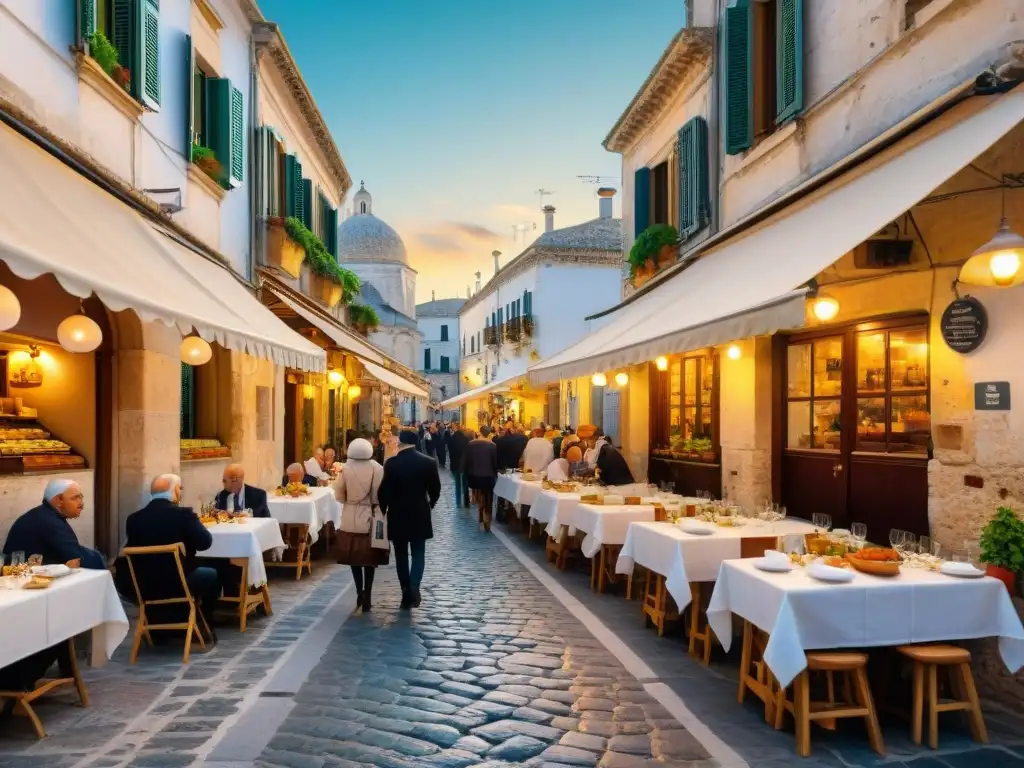 Un vibrante callejón en Apulia, Italia, con trattorias y cafés tradicionales donde locales disfrutan de Ciceri e Tria