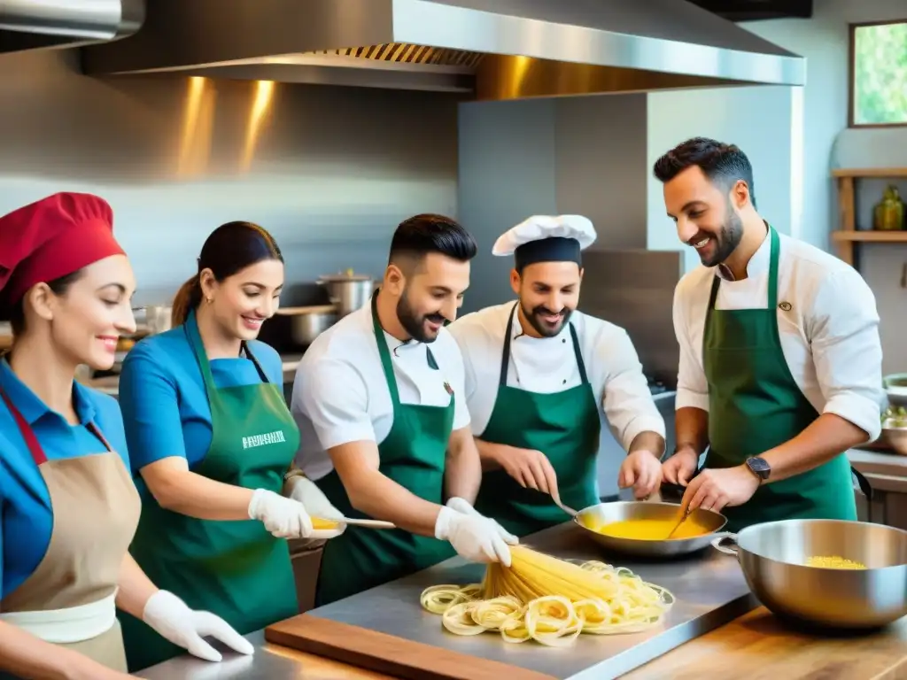 Vibrante cocina italiana con clase de pasta y estudiantes entusiastas