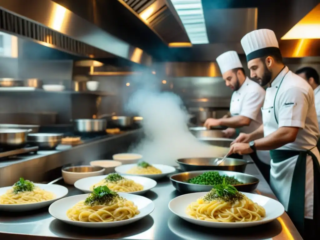 Vibrante cocina italiana en pleno servicio, chefs preparando platos clásicos con pasión