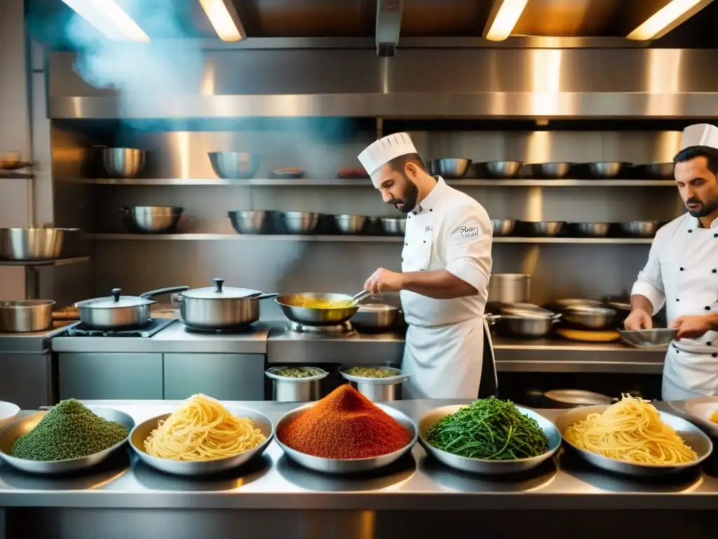 Vibrante cocina italiana en restaurante: chefs preparando platos auténticos con pasión y energía