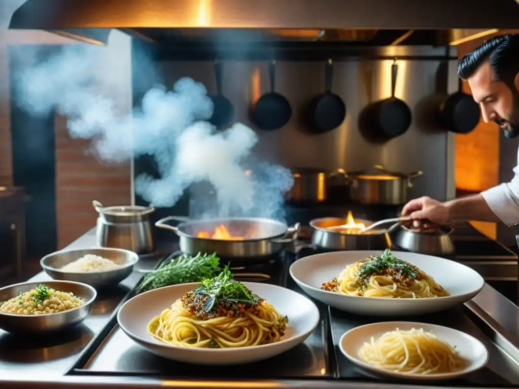 Vibrante cocina italiana durante el servicio de cena, con chefs preparando platos tradicionales y mesas elegantes