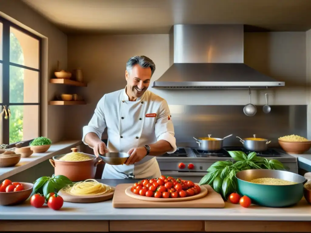 Vibrante cocina italiana tradicional: mesa llena de ingredientes frescos, chef haciendo pizza, aromas de salsa casera