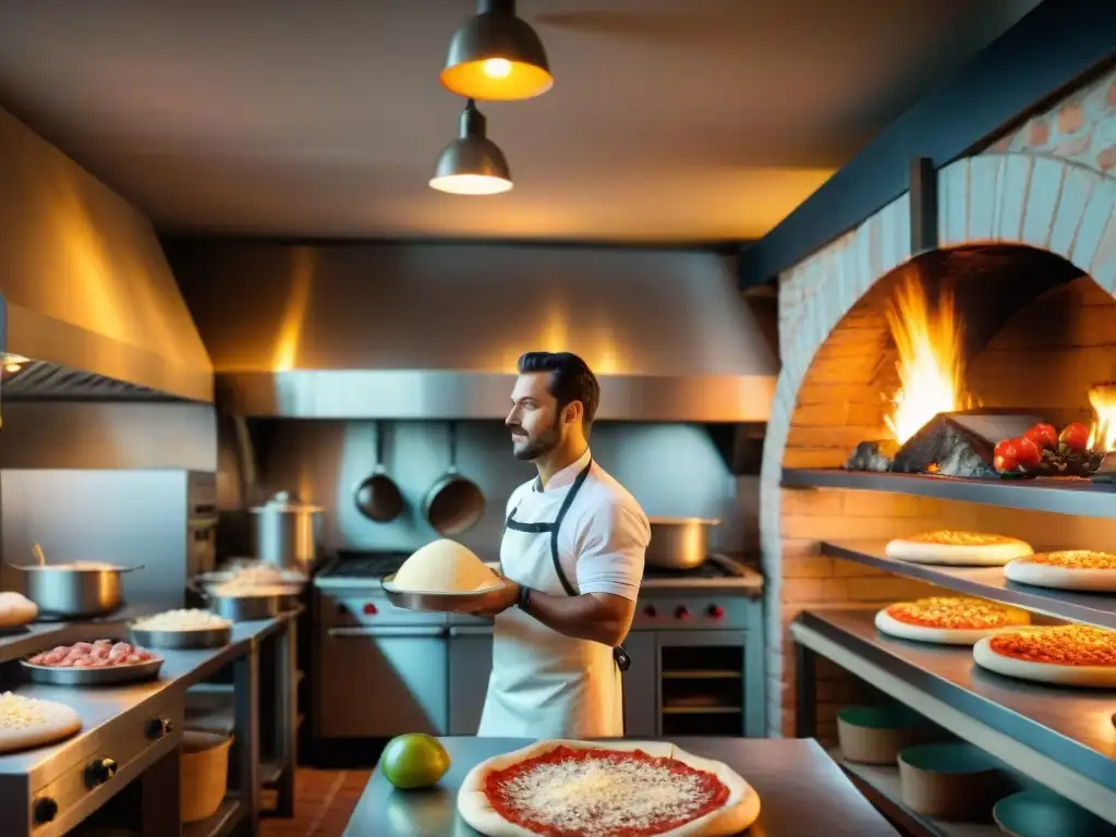 Vibrante cocina de pizzería italiana con chefs preparando calzones, horno de leña y ingredientes frescos