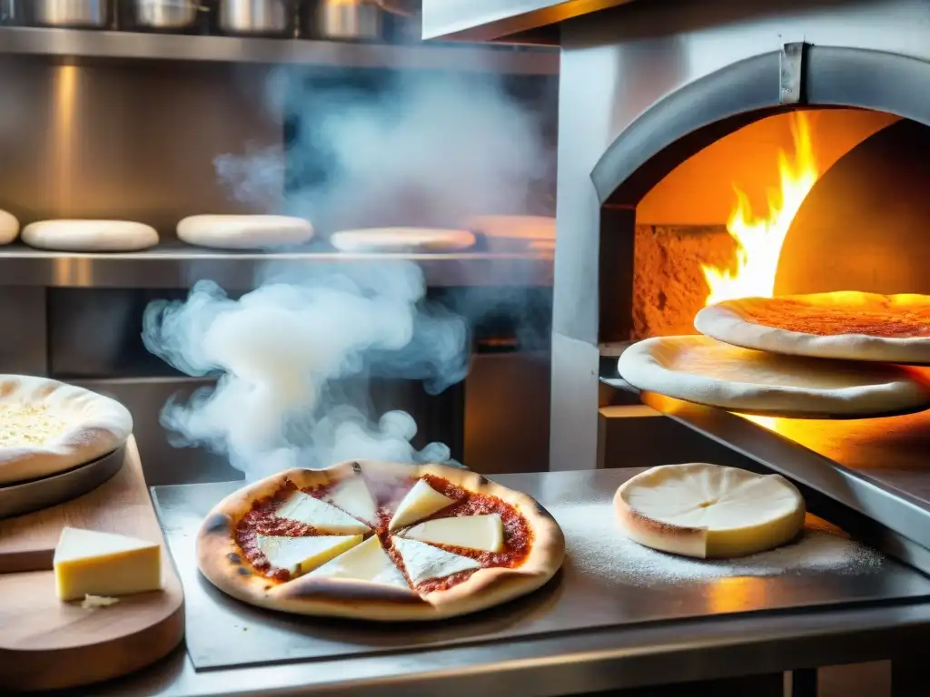 Vibrante cocina de pizzería italiana con chefs expertos, horno de leña y los mejores quesos italianos para pizza en abundancia