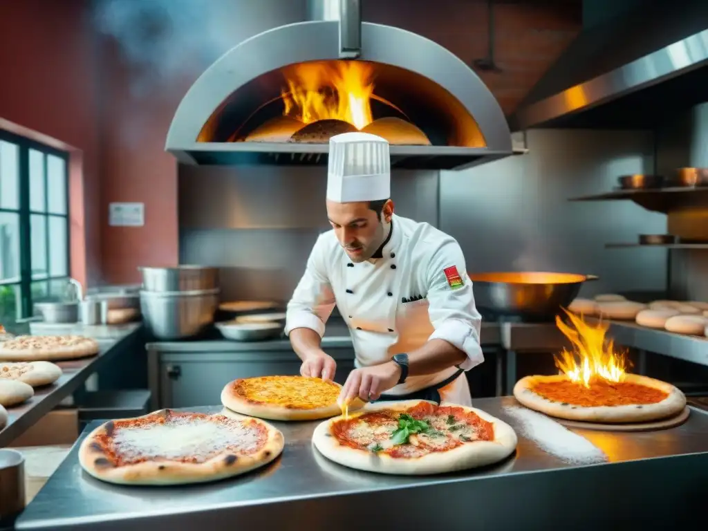 Vibrante cocina de pizzería italiana en pleno apogeo