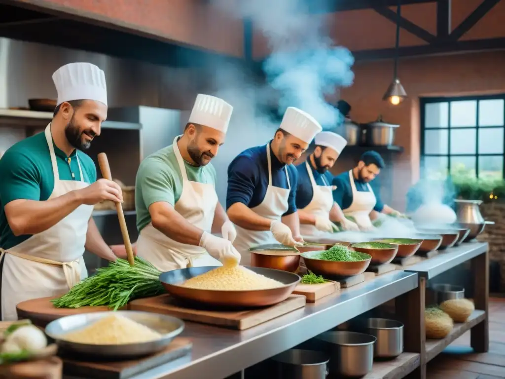 Vibrante competencia de risotto en una cocina italiana tradicional