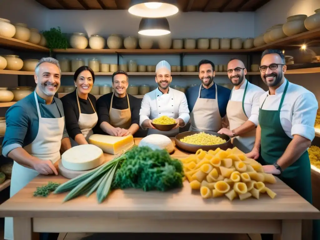 Vibrante comunidad de chefs italianos compartiendo recetas y técnicas en torno a una mesa de cocina