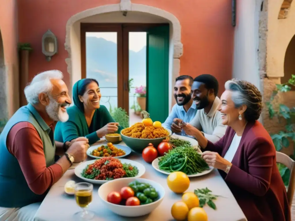 Vibrante comunidad en Italia disfruta de comida mediterránea en mesa compartida