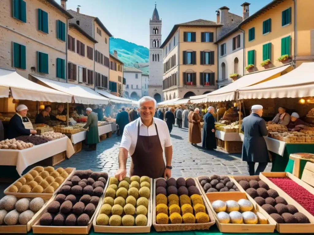 Vibrante concurso de trufas en mercado al aire libre de Umbria, Italia, con colores y aromas de la cocina italiana