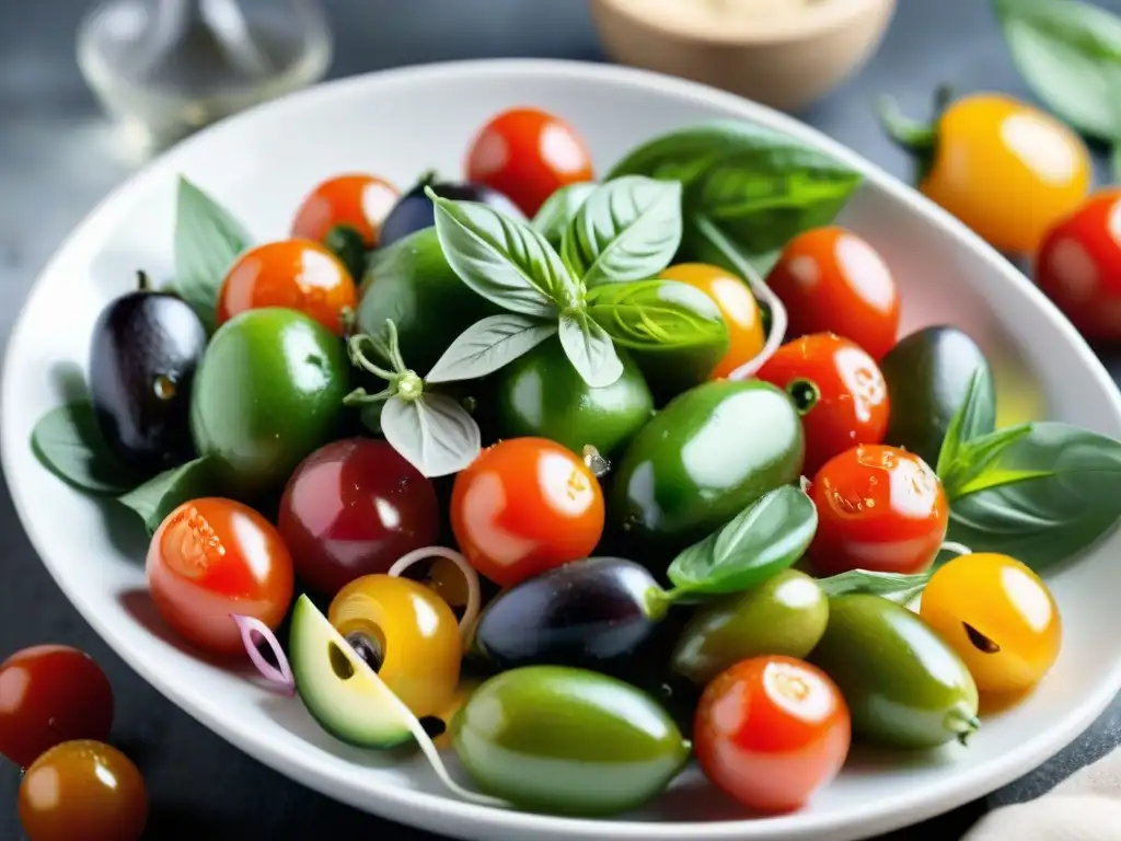 Una vibrante ensalada mediterránea con ingredientes frescos y coloridos