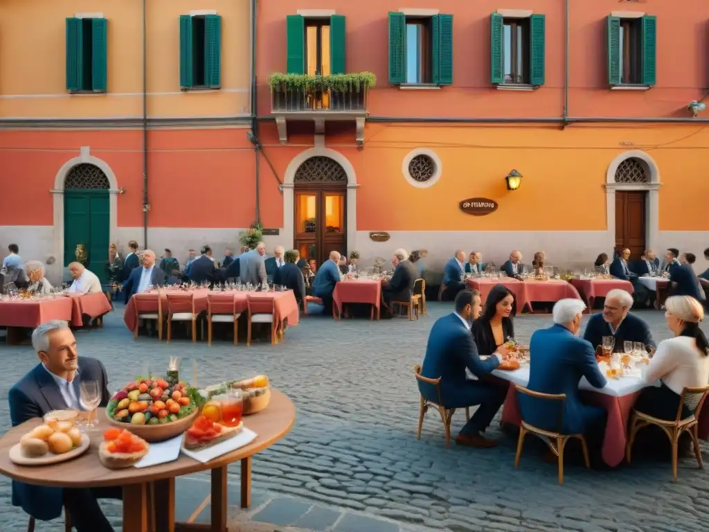 Vibrante escena de aperitivo italiano en una bulliciosa plaza al atardecer