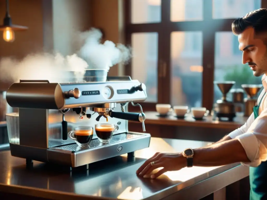 Vibrante escena de café italiano al amanecer, con un barista preparando espresso