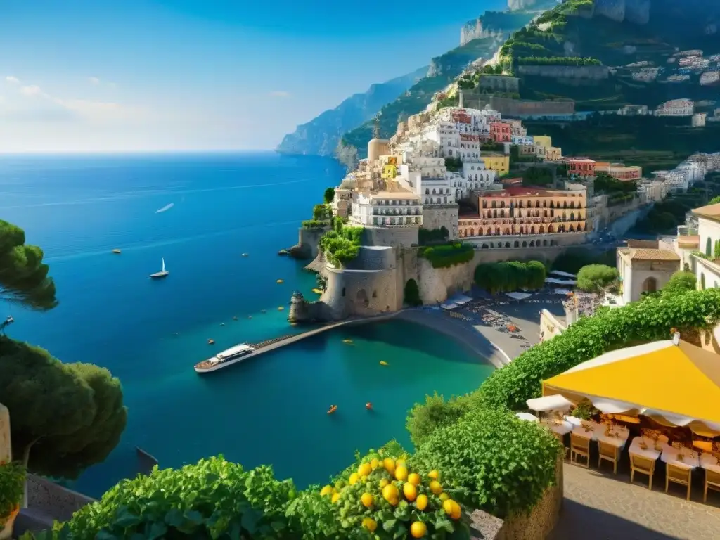 Vibrante escena de calle en Amalfi, Italia, con trattorias familiares y limoneros al fondo