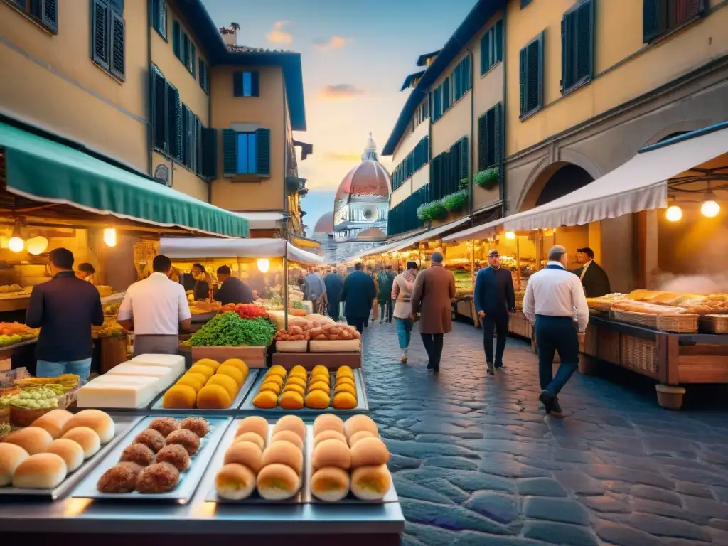 Vibrante escena callejera en Florencia con puestos de comida tradicional