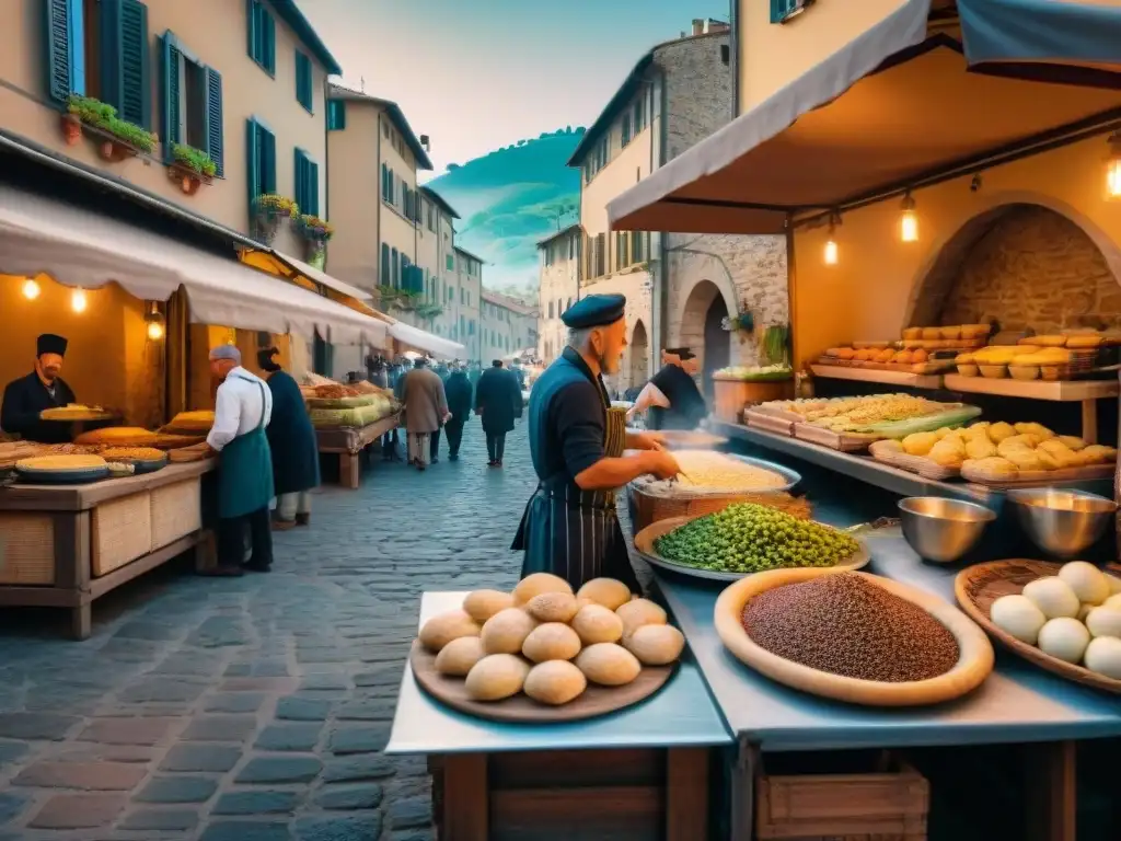 Vibrante escena callejera en la Toscana con panigacci tradicionales y coloridos puestos de comida