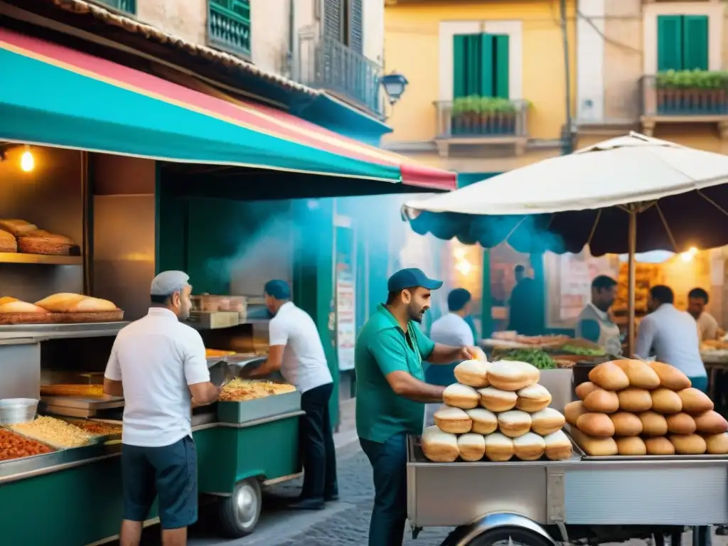 Vibrante escena callejera en Palermo con un vendedor preparando un delicioso Pani ca Meusa