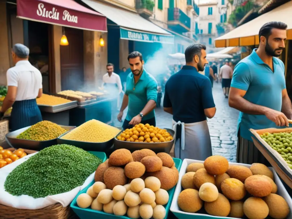 Vibrante escena callejera en Palermo, Sicilia, con vendedores de Receta auténtica pane e panelle