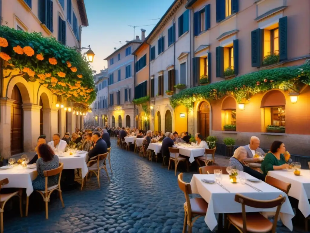 Vibrante escena en las calles de Roma al atardecer, con restaurantes italianos y una experiencia multisensorial cautivadora