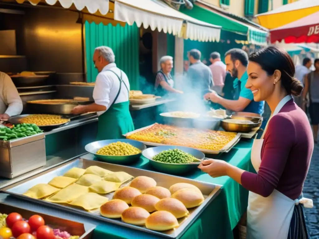 Vibrante escena en las calles de Liguria, Italia, donde se disfruta de la auténtica receta de Farinata de Liguria