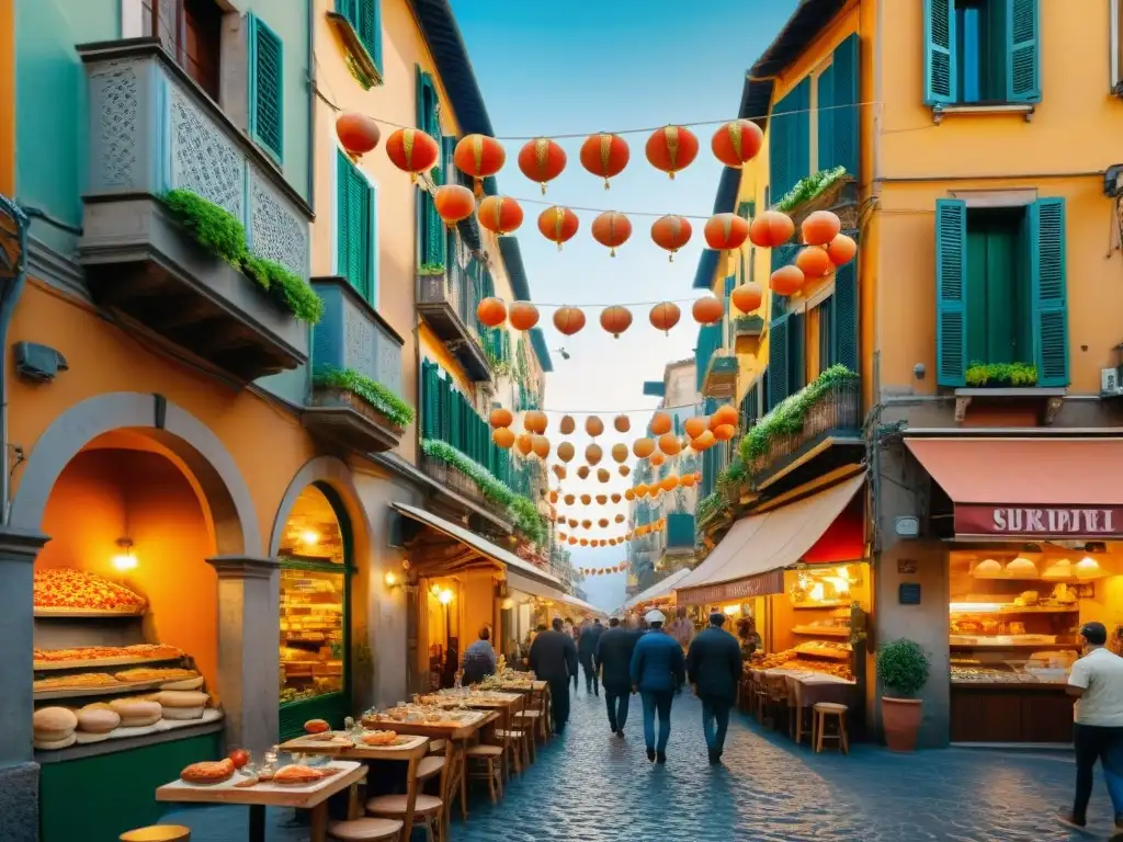 Vibrante escena en Nápoles, Italia, con chefs lanzando masa al aire y banderas italianas