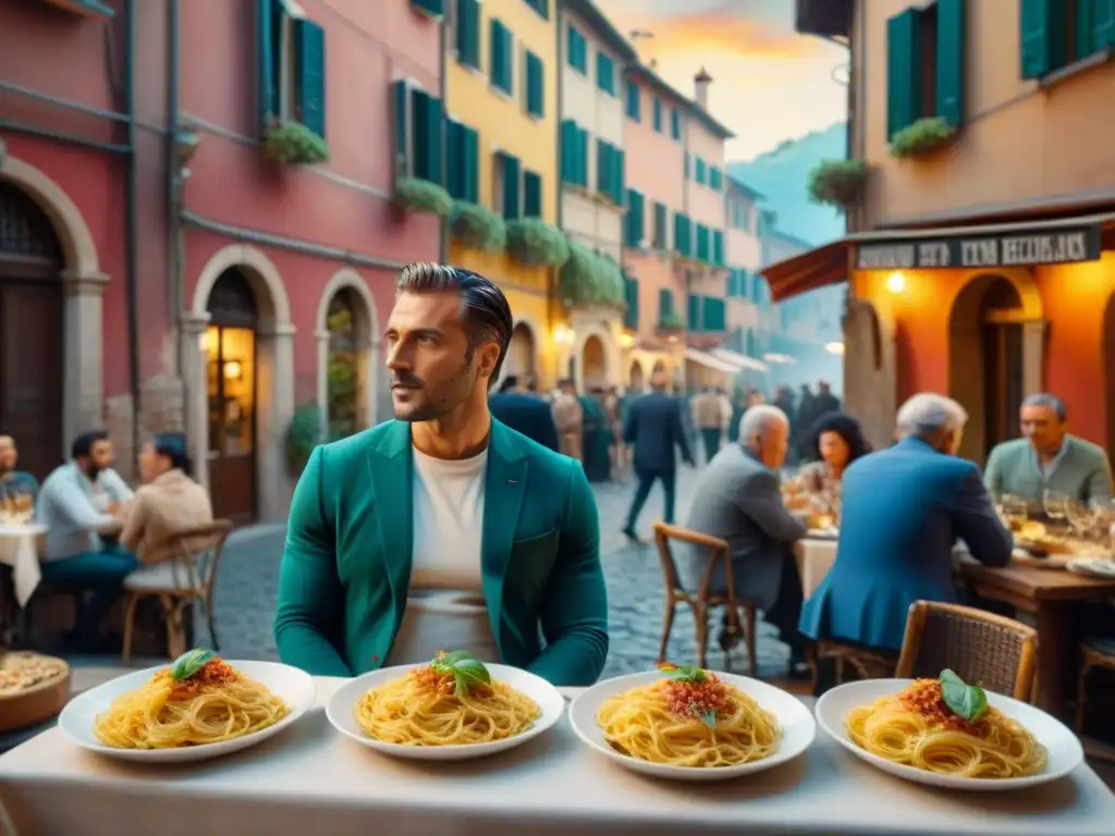 Vibrante escena de cine italiano y gastronomía tradicional en un set bullicioso y auténtico