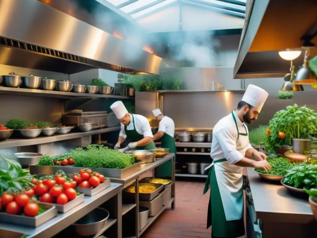 Una vibrante escena en cocina italiana con chefs preparando platos rodeados de huertos urbanos