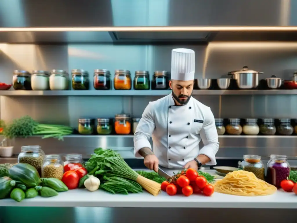 Vibrante escena de cocina italiana con chefs preparando platos, destacando la reducción desperdicio cocina italiana