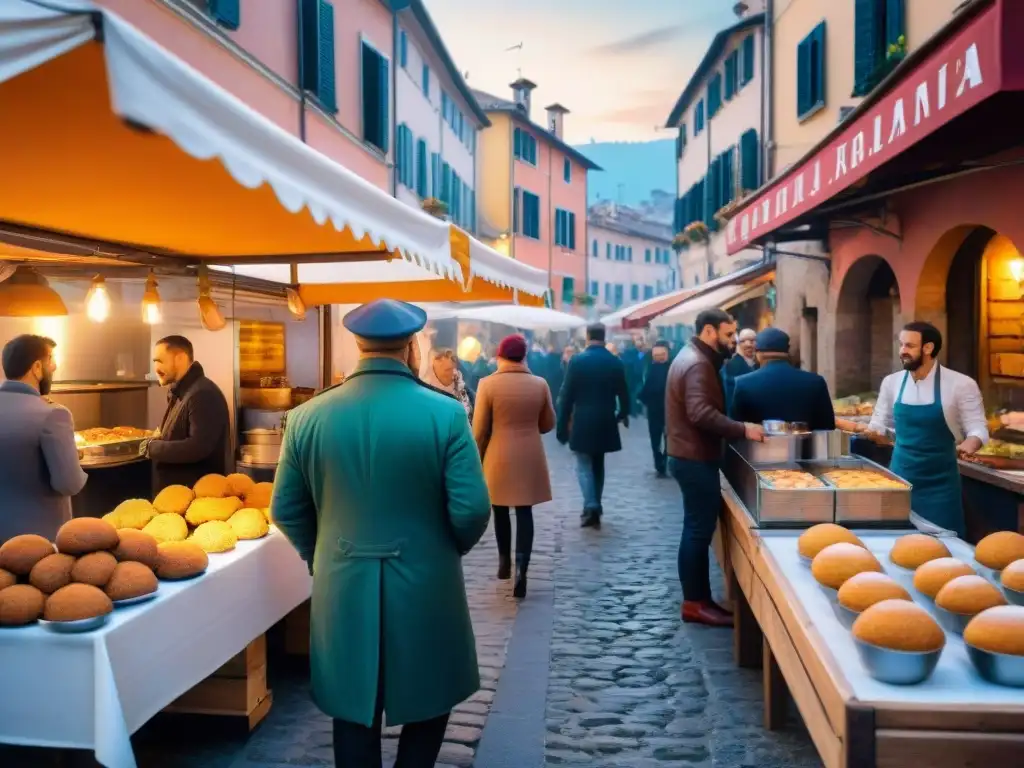 Vibrante escena de comida callejera norte Italia: puestos de comida con arancini, panzerotti y porchetta, vendedores animados y arquitectura italiana