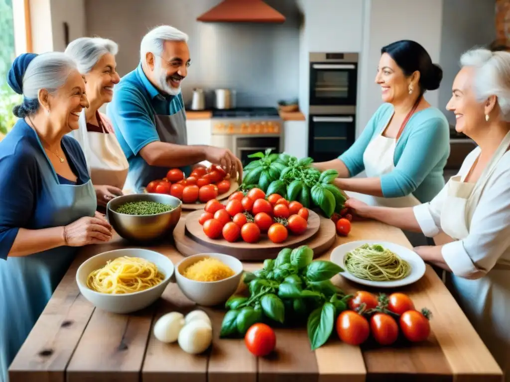 Vibrante escena de comunidad en cocina italiana con diversidad de personas preparando alimentos