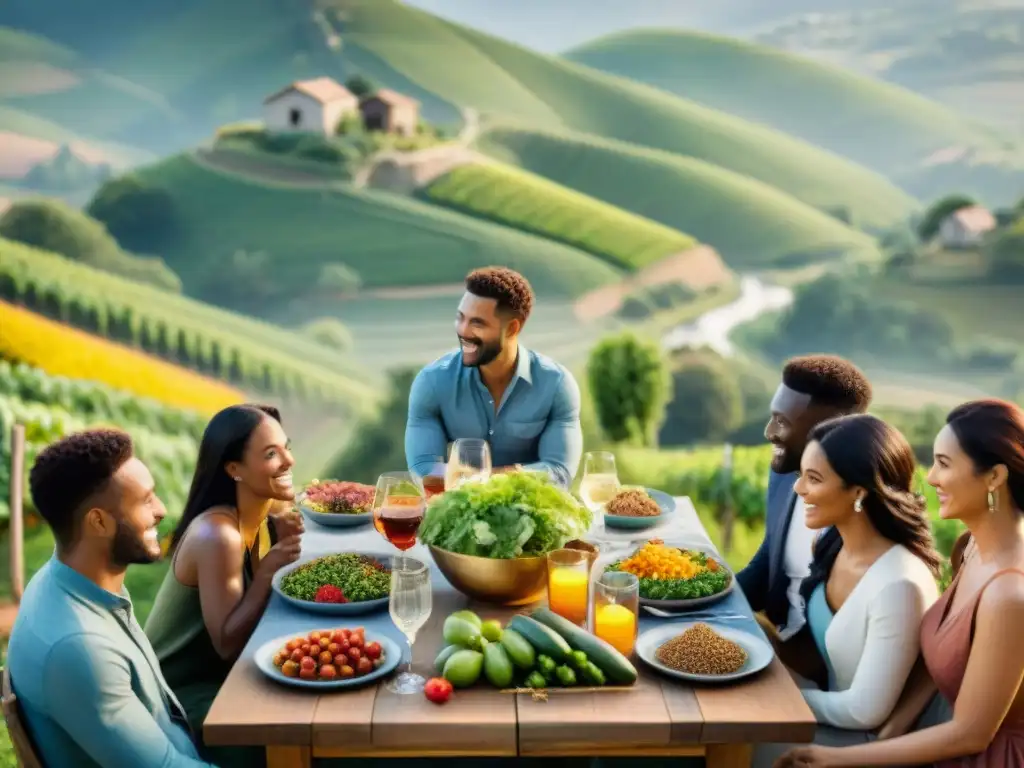 Vibrante escena de comunidad alrededor de una mesa con comida local y colorida, en un entorno natural